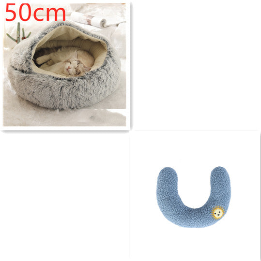 50cm round grey plush pet bed nest with blue U-shaped bolster pillow
