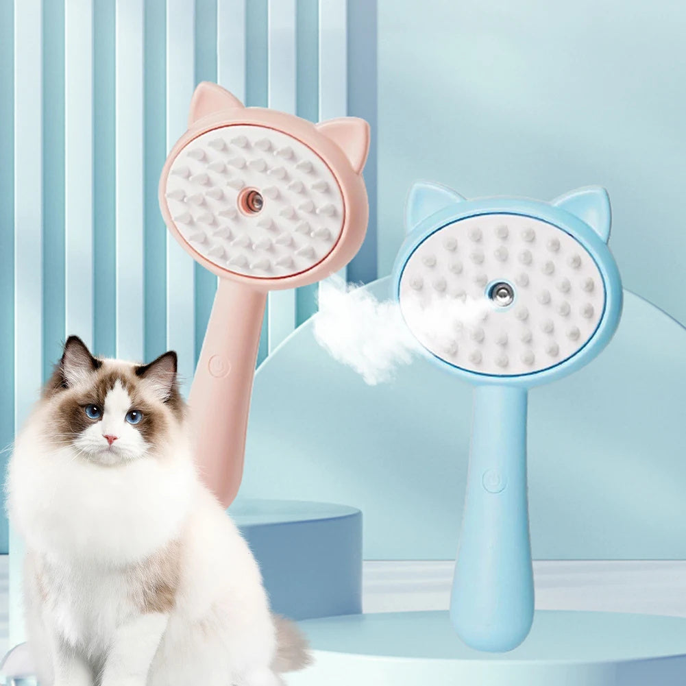 Rechargeable pet mist grooming slicker brush with white bristles, blue handle and cat-ear cover