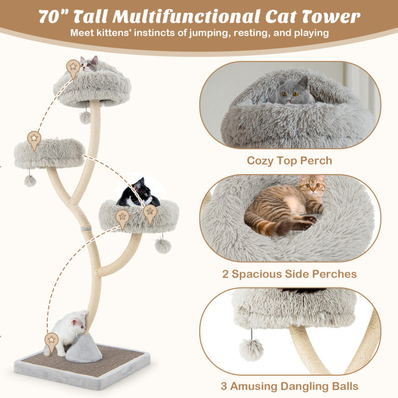 70-inch tall cat tower with cozy gray top perch, side perches, and dangling ball accents