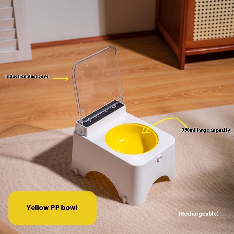 Automatic pet food feeder with open clear cover and yellow PP bowl, white base
