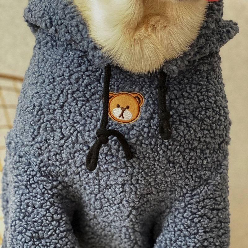 Dark gray fleece dog hoodie with teddy bear patch and front pouch