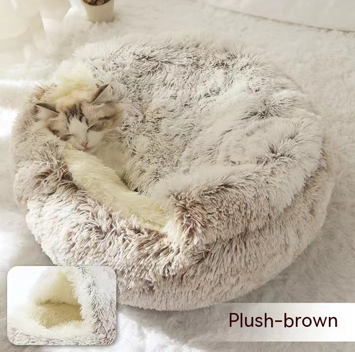 Brown shaggy round pet bed with open cave and soft padded interior