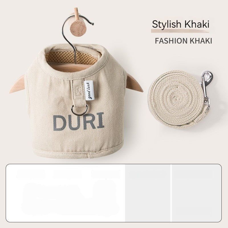 Pet chest harness with rope leash coil, khaki fabric, DURI logo