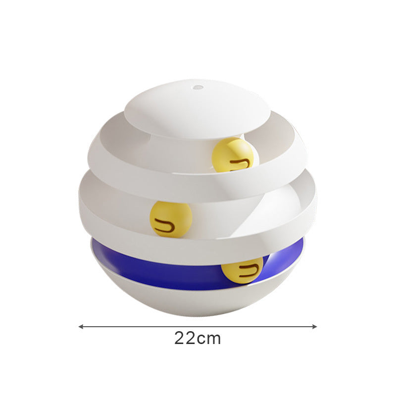 White 3-layer cat turntable tower toy, 22cm wide, with yellow ball compartments