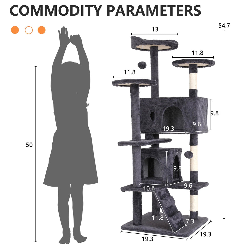 Cat tree size diagram with labeled platforms, condos, and scratching posts on gray tower