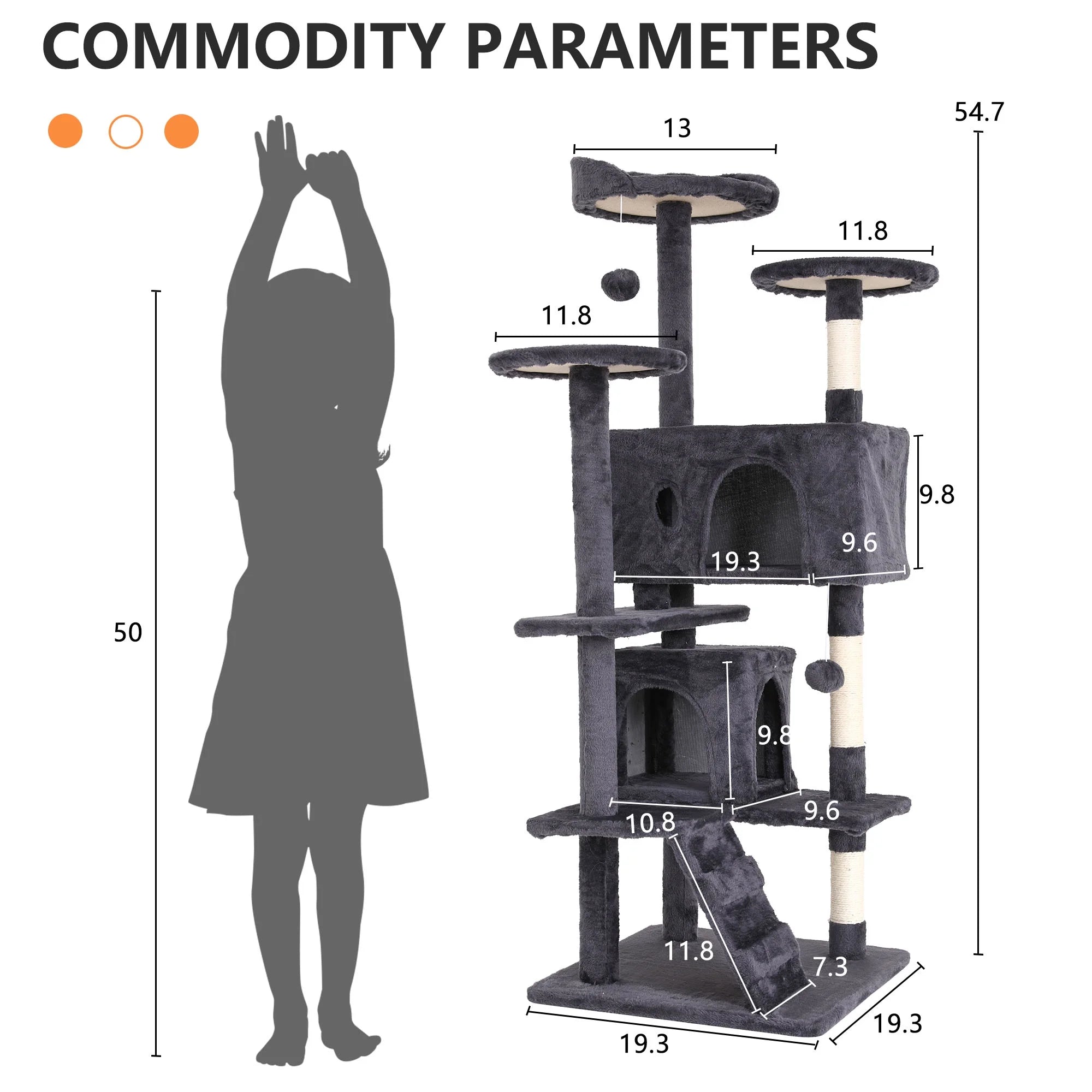 Cat tree size diagram with labeled platforms, condos, and scratching posts on gray tower