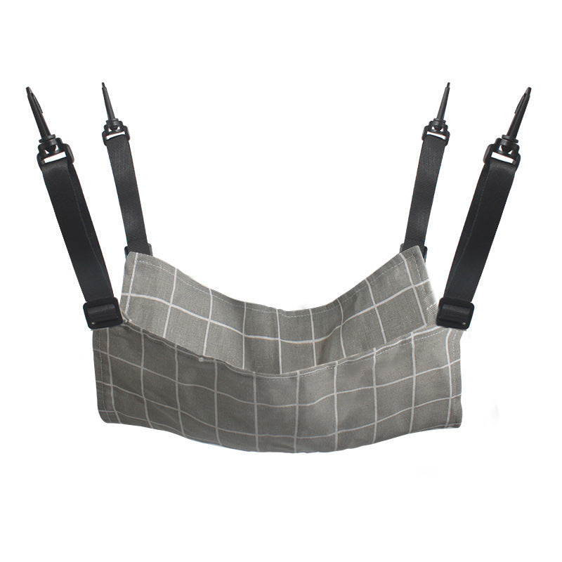Hanging cat hammock bed with grid pattern, gray fabric with white lines