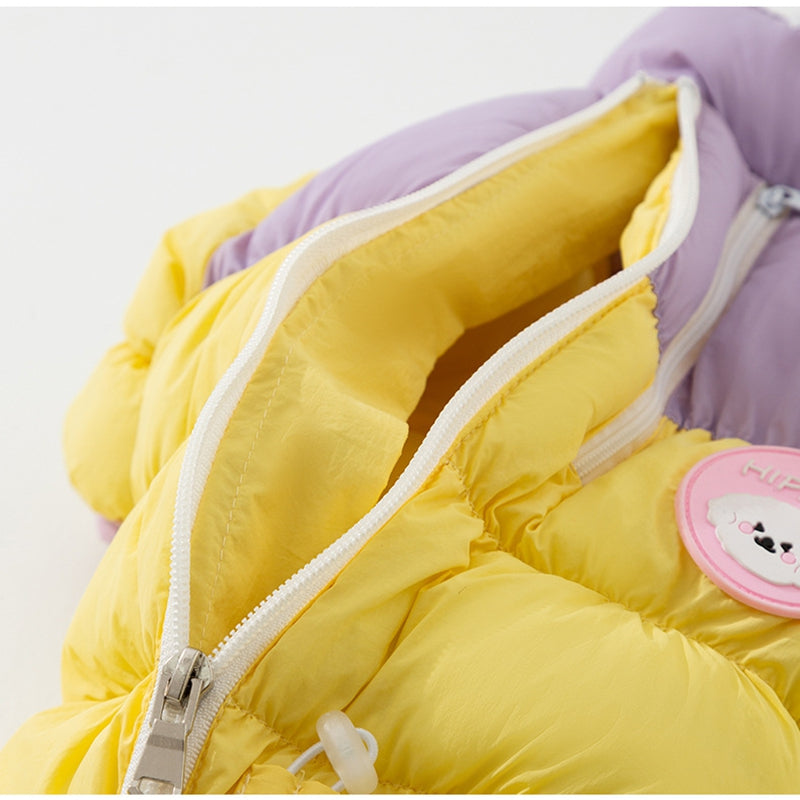 Color-block puffer dog jumpsuit, close-up of zipper opening and yellow padded lining