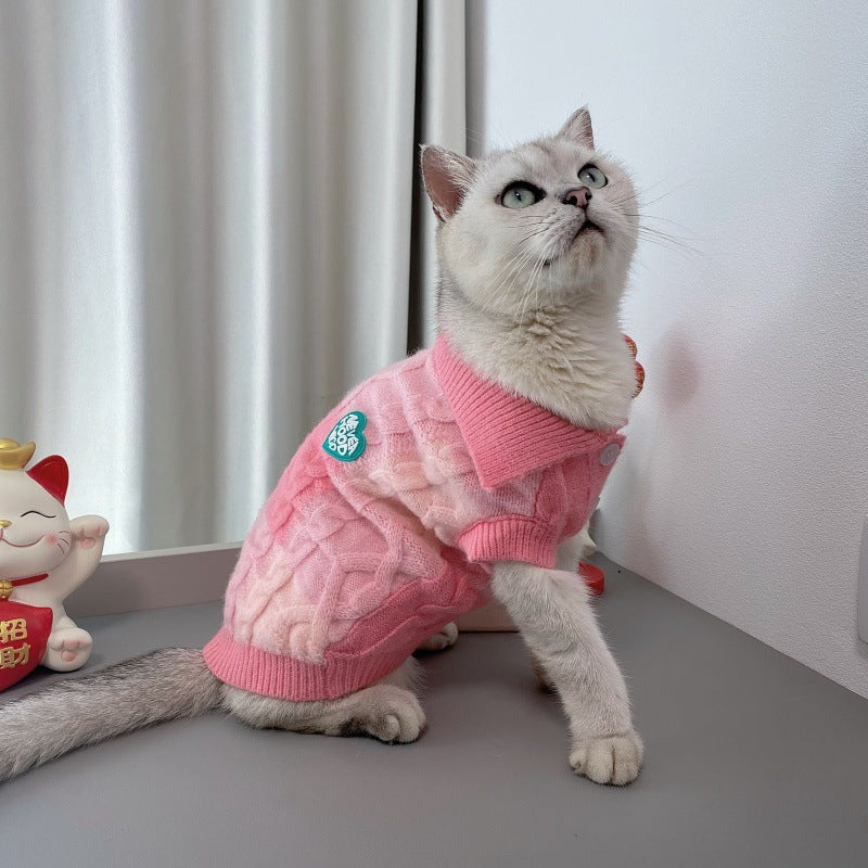 Pet plaid polo-collar cardigan sweater in pink and white with ribbed button placket