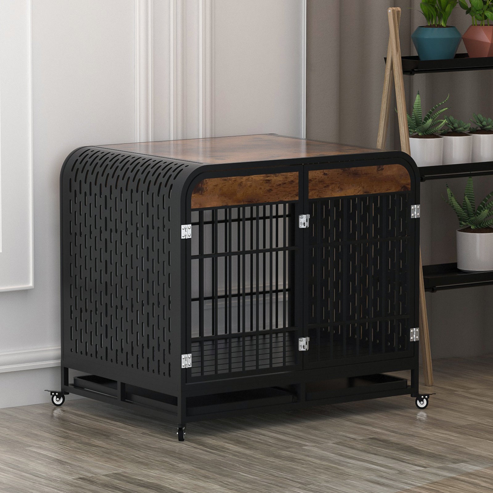 Dog crate furniture with wood top panel, double doors with metal bars, rolling casters