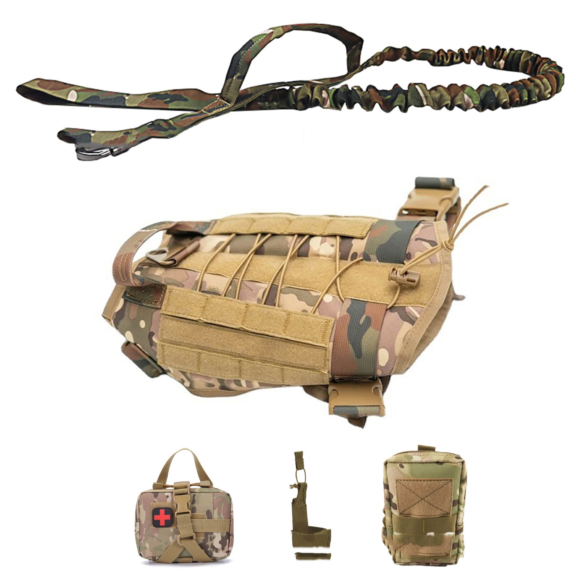 Camouflage dog tactical harness set with padded chest and MOLLE-style webbing straps