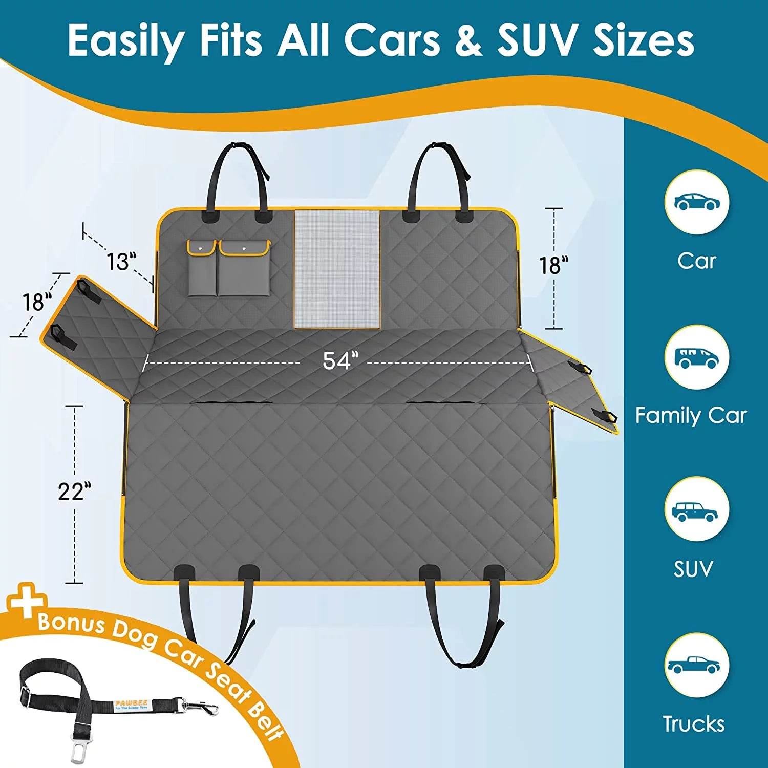 Dog car seat hammock cover pattern with orange trim and snap anchor points, measurements
