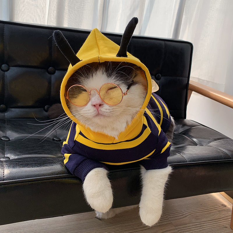 Pet bee costume plush hoodie coat with yellow hood, navy striped design, long antenna