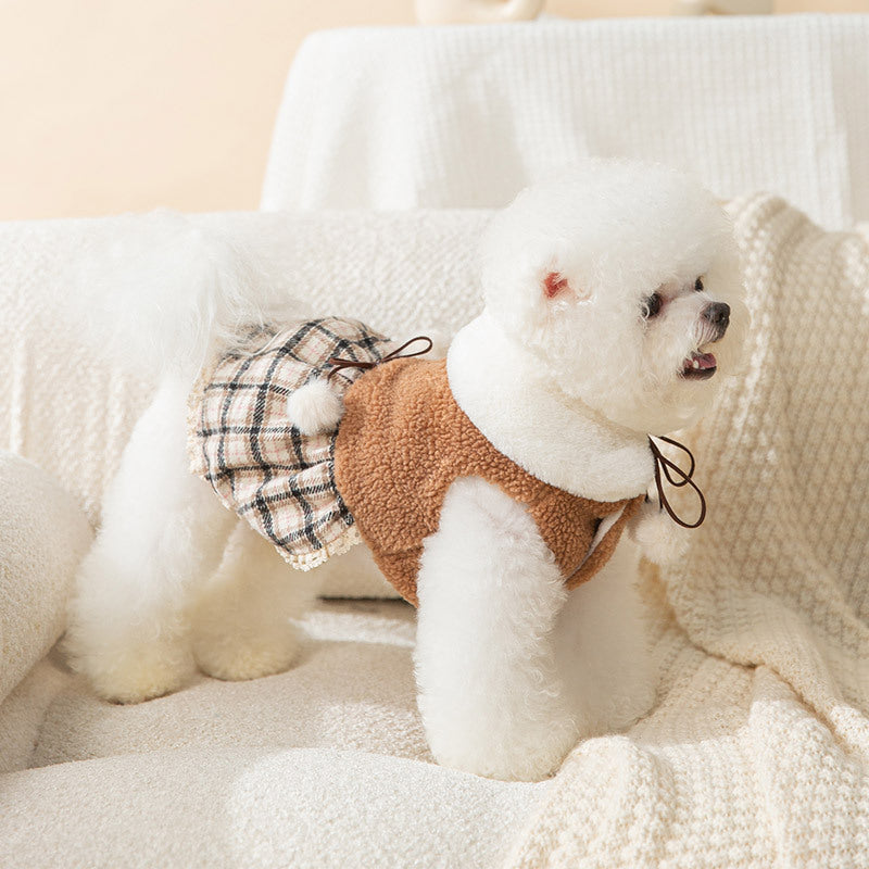 Puppy bear dress in white plush with brown vest and plaid skirt accents