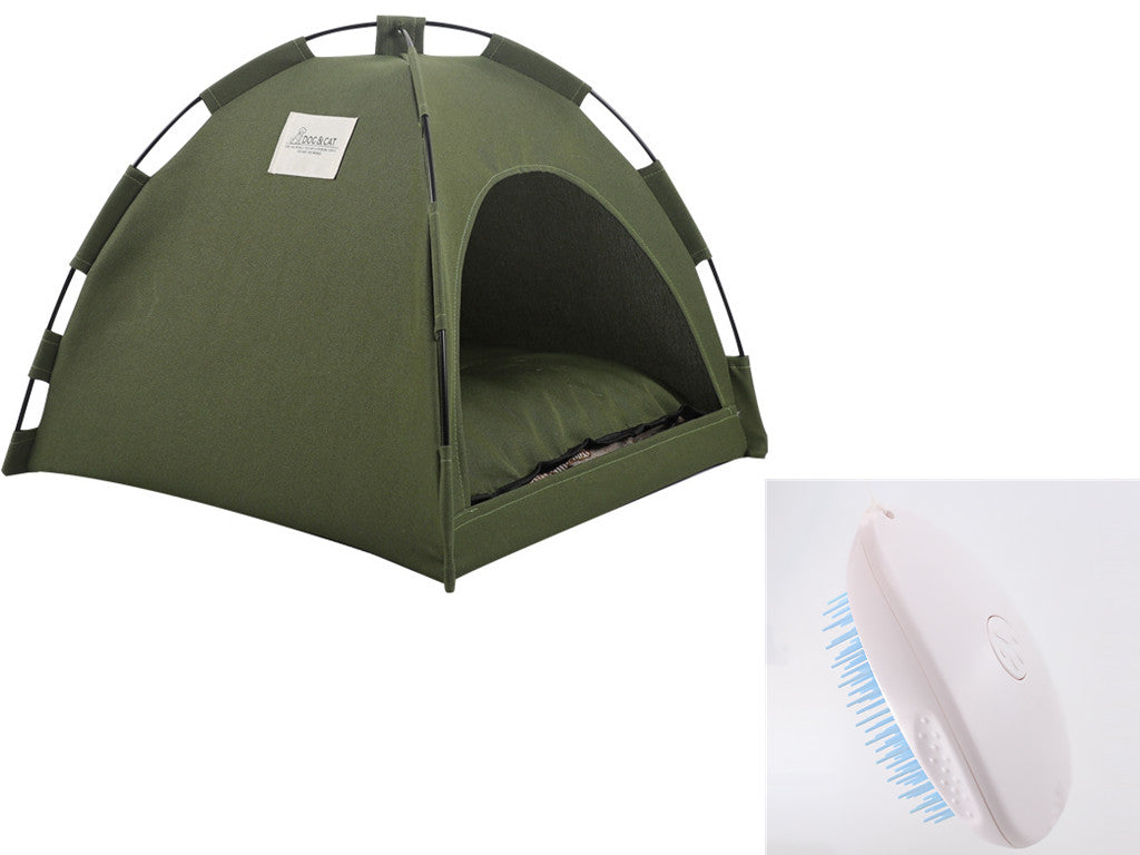 Green cat tent with arched entrance and inner cushion, cooling mat inset shown