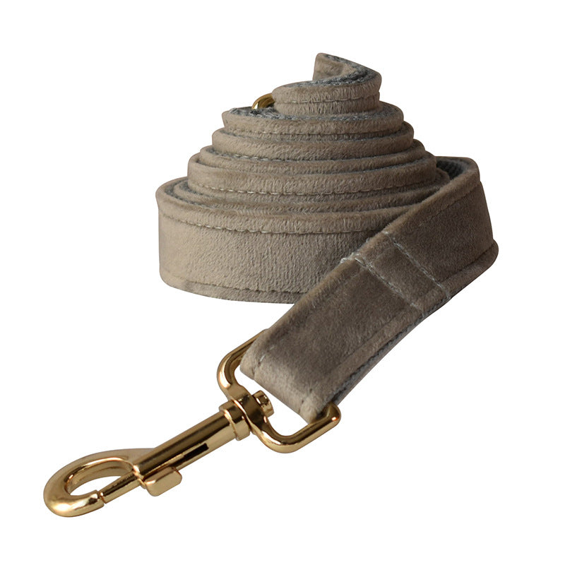 Pet flannel chest strap with gold clasp, taupe adjustable padded strap and D-ring