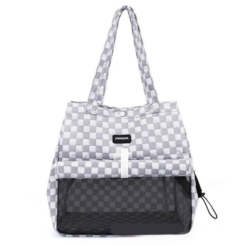 Light gray check small portable cat shoulder bag with black front panel and side drawstring.