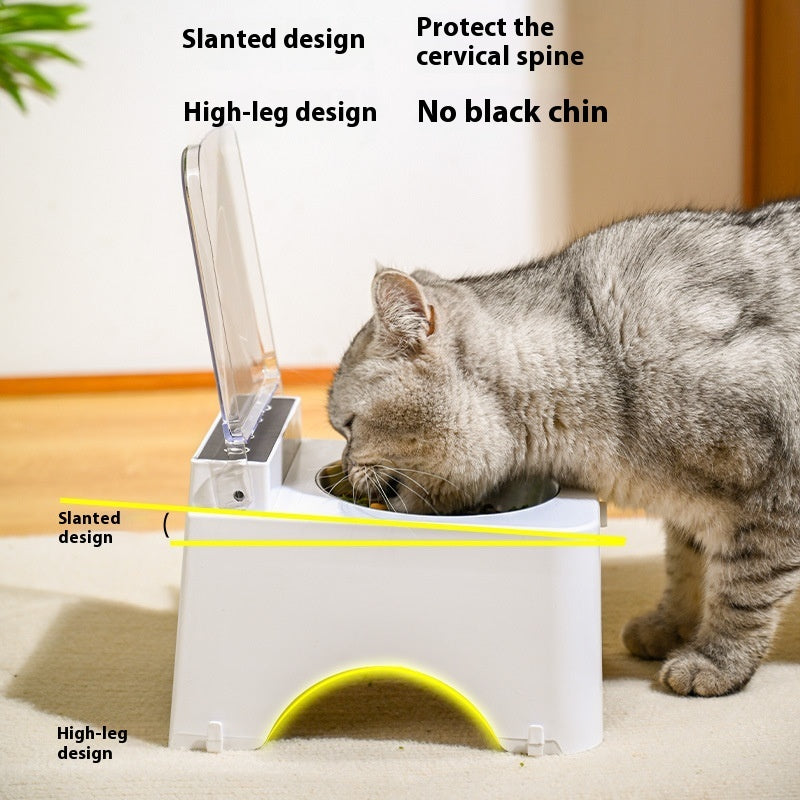 Automatic pet feeder with raised lid and slanted opening, stainless bowl, white base