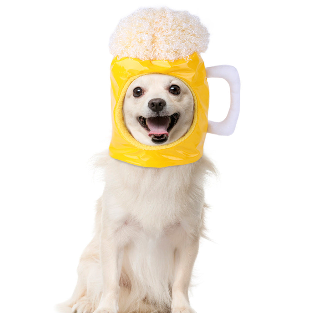 Yellow plush animal hood with white fuzzy trim and a front viewing opening