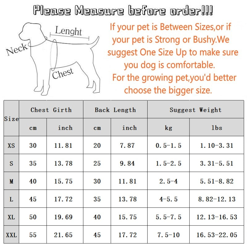 Pet sweater size chart with neck, chest, and back length measurement table
