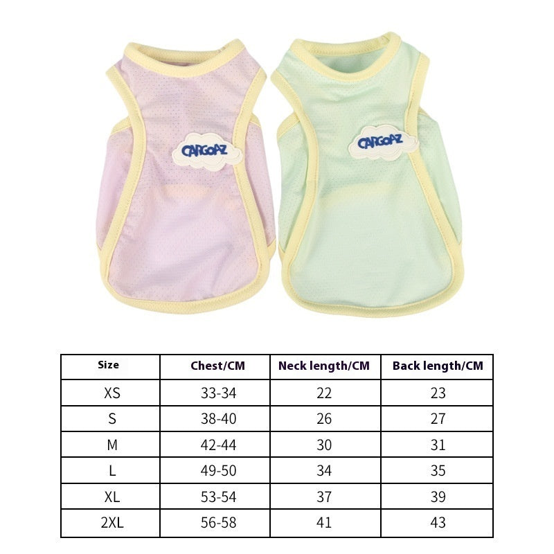 Pair of cat summer vests: lavender and mint dotted mesh with yellow trim, CargoZ logo.