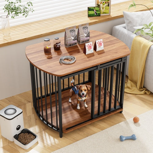 Wood-top dog crate with vertical bars and end-table base, double-door front, dark metal.