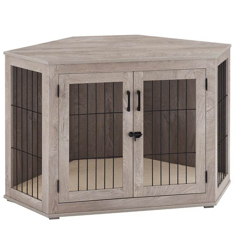 Corner dog crate with cushion, light wood finish and double wire-front doors