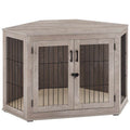 Corner dog crate with cushion, light wood finish and double wire-front doors