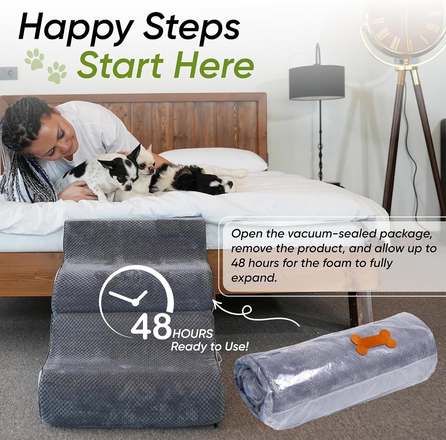 Gray foldable dog ramp, wrapped foam piece shown; dog steps beside bed