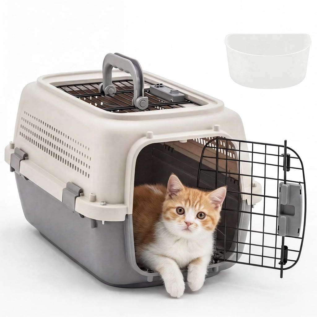 Airline-approved pet carrier crate with cat inside, open wire front door