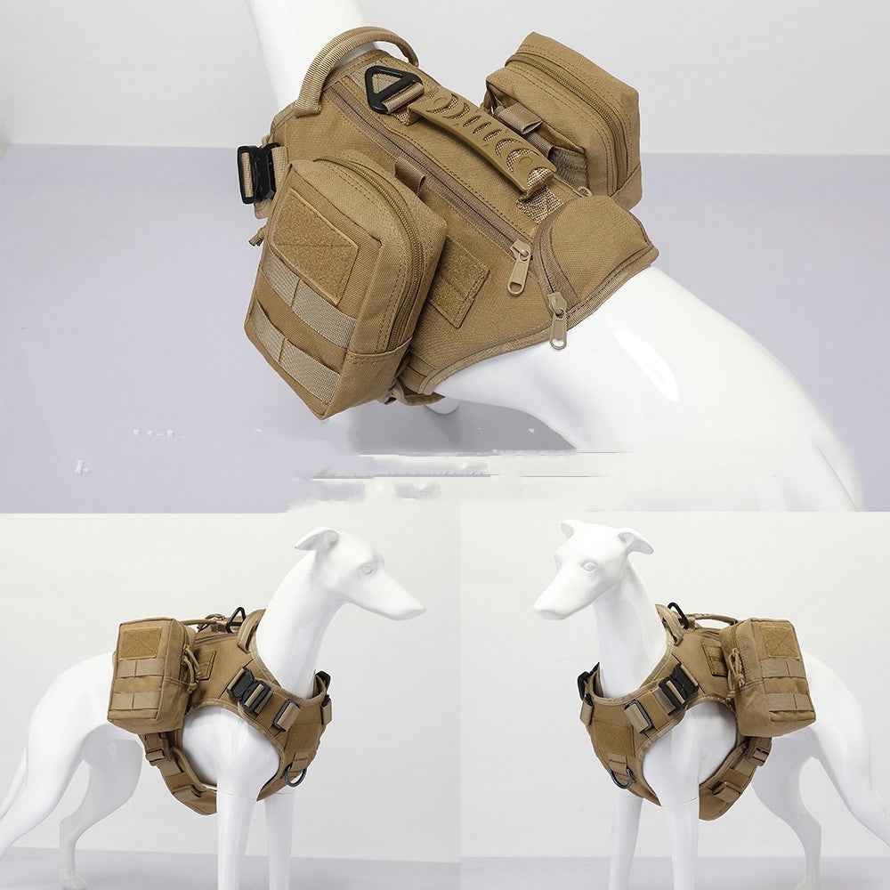 Tan tactical dog harness with armor panels, zip pouches, and adjustable straps
