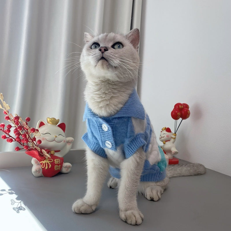 Pet plaid polo-collar cardigan sweater in blue and white with round button closure