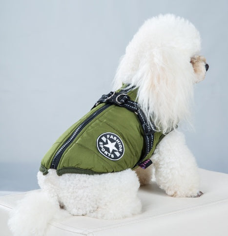 Fleece-lined padded dog coat in green with front zipper and reflective trim