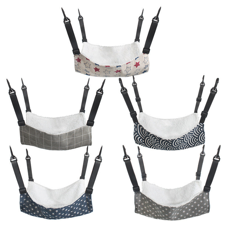 Cat cage hanging hammock bed options with various prints and white plush lining, black straps
