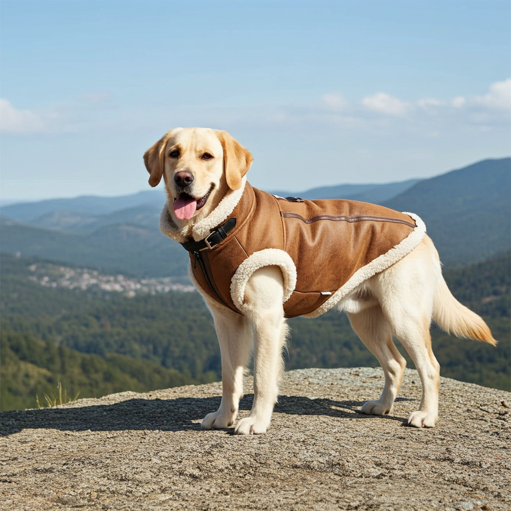 Tan faux leather dog aviator jacket with beige sherpa lining, front zipper