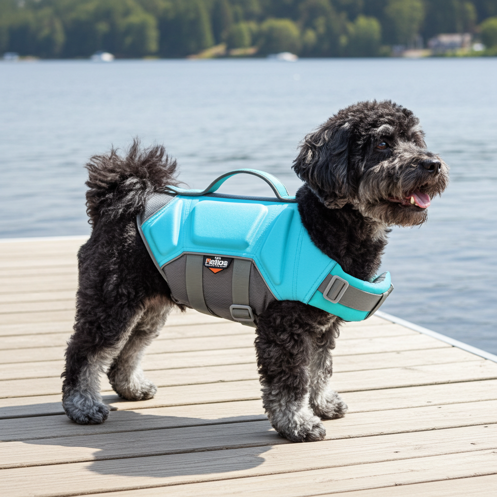 Teal reflective dog life jacket vest with gray straps and side buckles