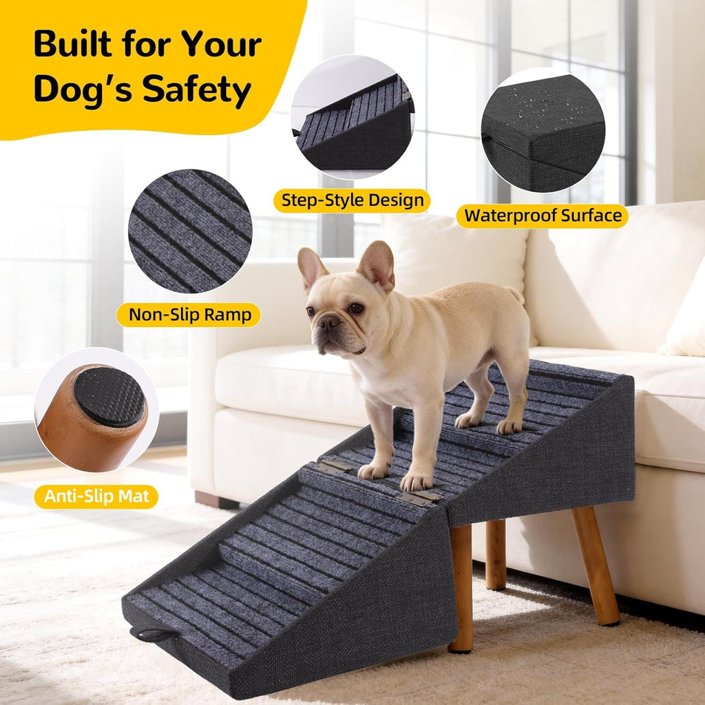 Foldable pet stairs with non-slip ramp and cushioned steps, dark blue fabric