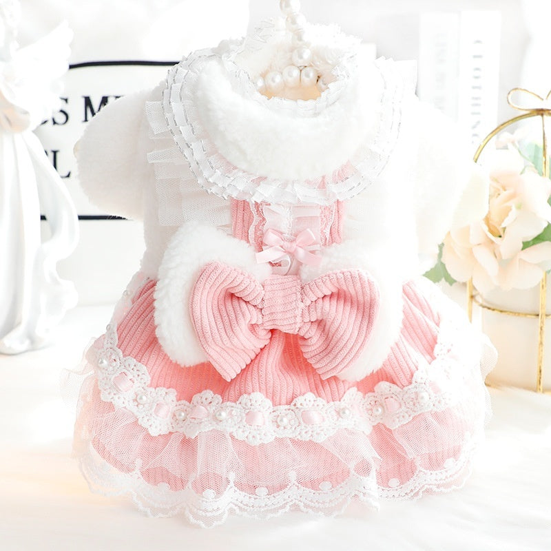 Small pet dress in pink and white with ruffled lace collar and center bowknot detail