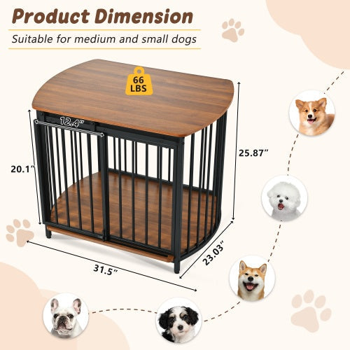 Brown wood-top dog crate with vertical bars, shown with size measurements, dark metal frame.