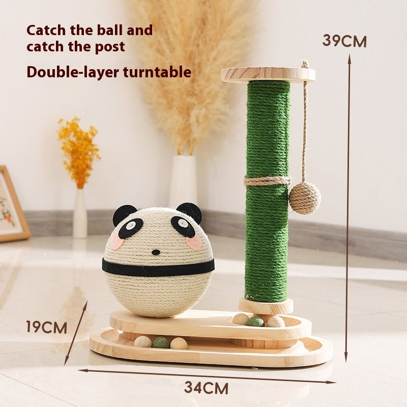 Panda-shaped cat scratch turntable with green sisal post, hanging ball, and rotating base