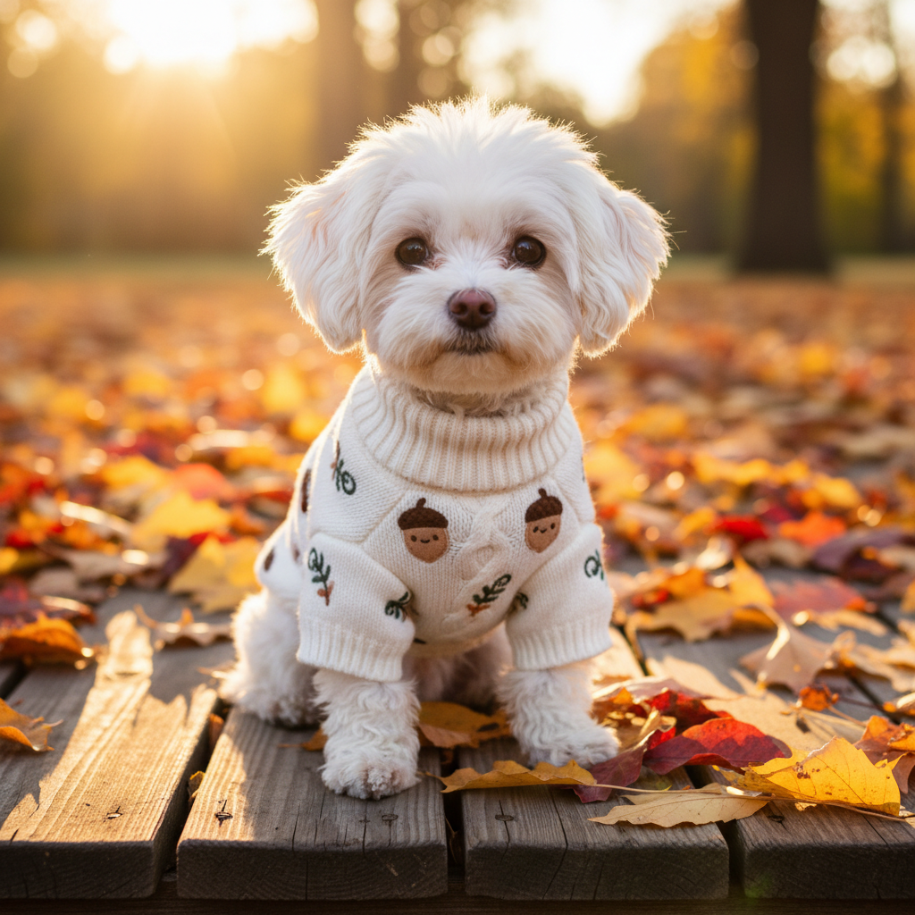 White dog knit sweater with brown bear motifs and wood-button collar