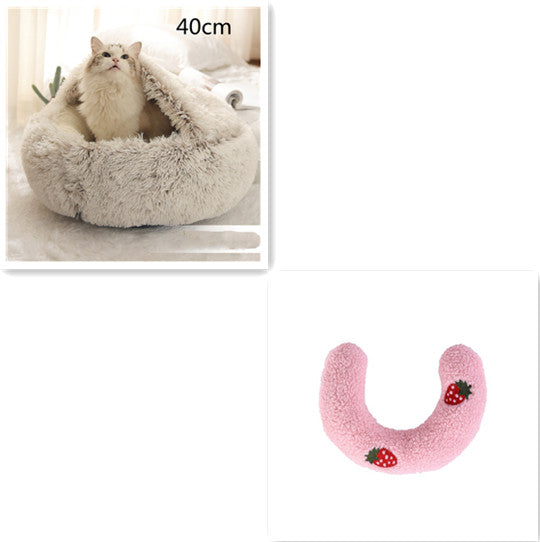 Round plush pet bed insert, pink U-shape with strawberry patch, 40cm