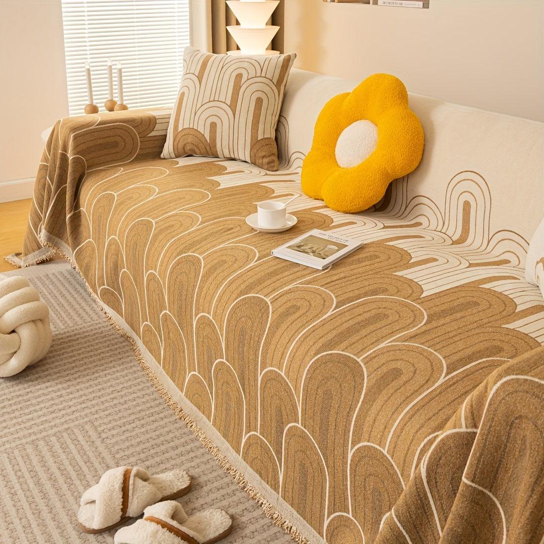 Pet sofa cover in coffee-brown with white arch-line pattern and fringed edge