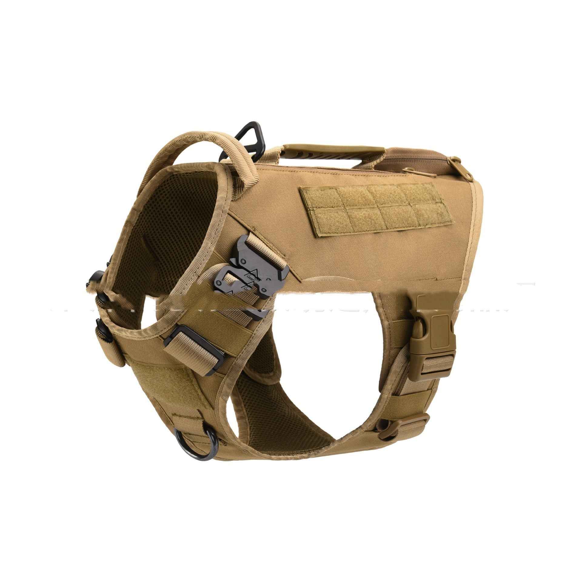 Tan tactical dog harness with chest panel, adjustable buckles, and padded webbing