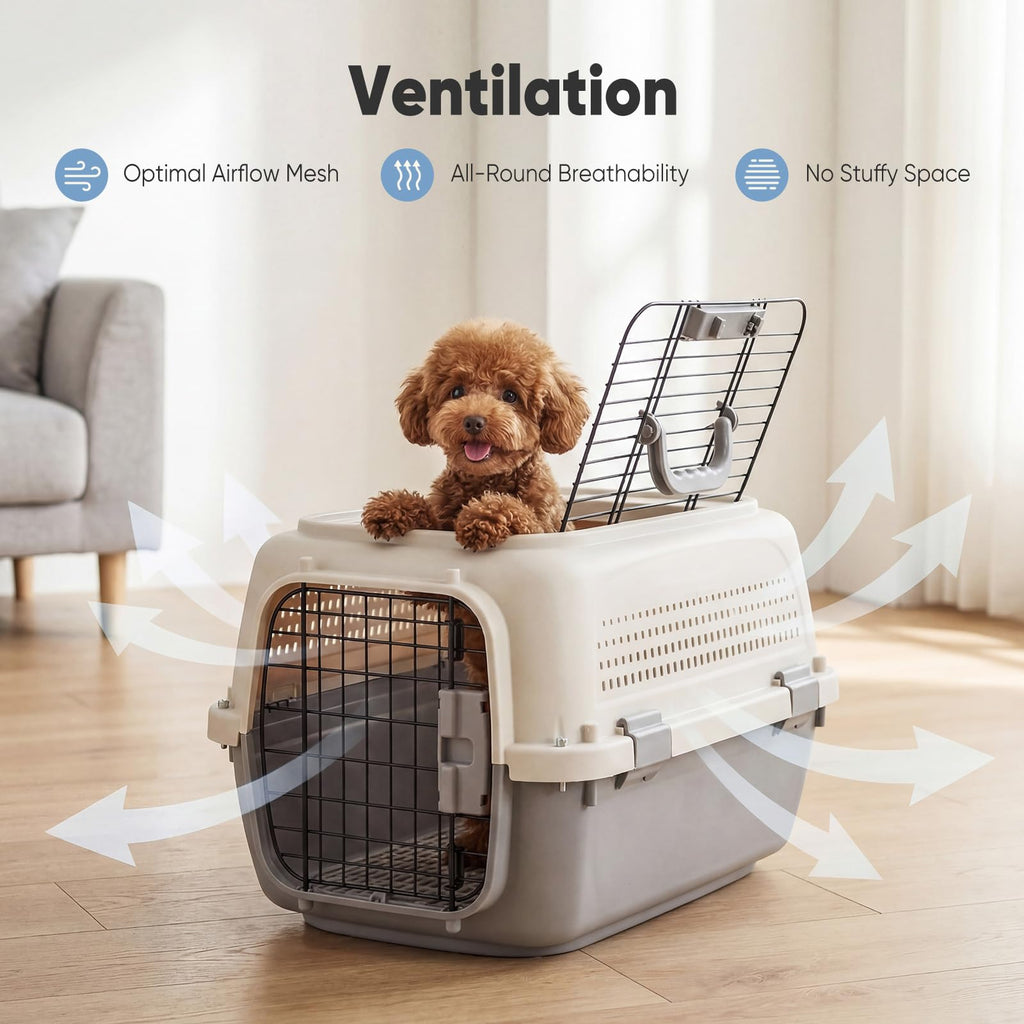 Airline-approved pet carrier crate with dog inside and wire front door