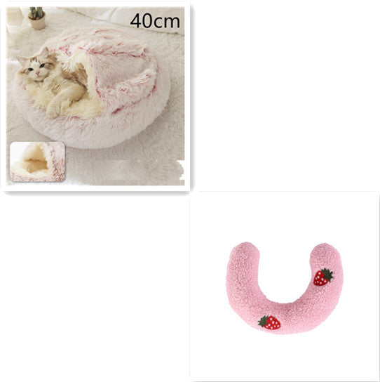U-shaped plush pet cushion in pink with strawberry embroidery