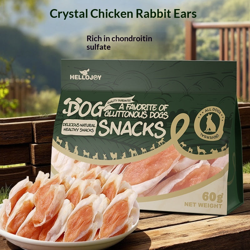Dog snack bag and pale orange rabbit-ear treats, 60g
