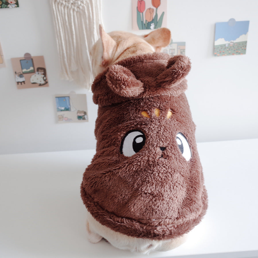 Brown hooded pet vest with cartoon bear face applique, soft plush fleece