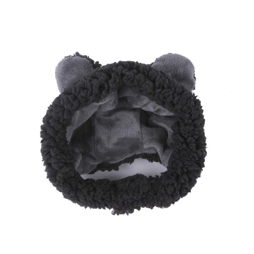 Dark gray plush pet hat with rounded bear ears and a soft curled rim