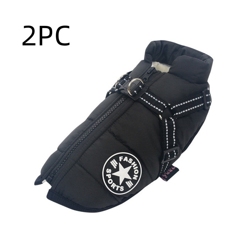 Black waterproof dog jacket with fleece lining and reflective harness straps, front view